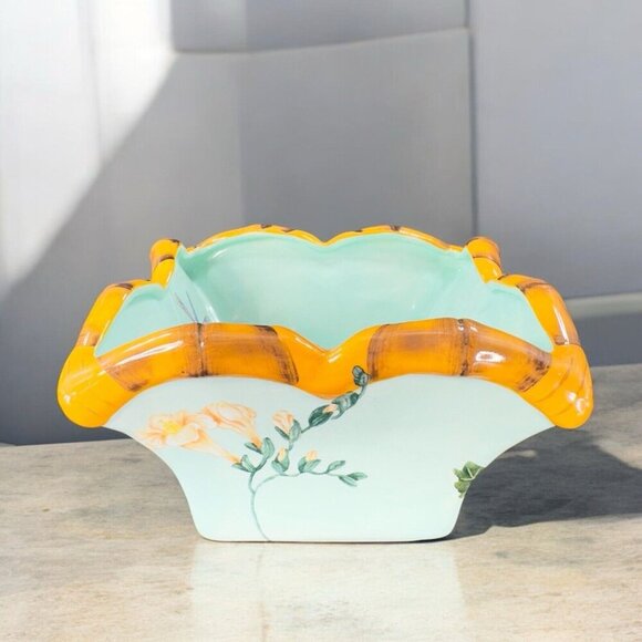 Silvestri Decoupage Peggy Turchette Blue Firefly Floral Bowl Planter Ceramic VTG - Picture 4 of 16